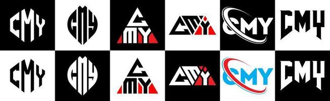 création de logo de lettre cmy en six styles. cmy polygone, cercle, triangle, hexagone, style plat et simple avec logo de lettre de variation de couleur noir et blanc dans un plan de travail. cmy logo minimaliste et classique vecteur