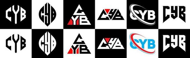 création de logo de lettre cyb en six styles. polygone cyb, cercle, triangle, hexagone, style plat et simple avec logo de lettre de variation de couleur noir et blanc dans un plan de travail. logo minimaliste et classique cyb vecteur