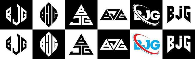 création de logo de lettre bjg en six styles. bjg polygone, cercle, triangle, hexagone, style plat et simple avec logo de lettre de variation de couleur noir et blanc dans un plan de travail. bjg logo minimaliste et classique vecteur