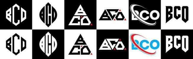 création de logo de lettre bco en six styles. bco polygone, cercle, triangle, hexagone, style plat et simple avec logo de lettre de variation de couleur noir et blanc dans un plan de travail. logo bco minimaliste et classique vecteur