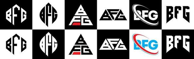 création de logo de lettre bfg en six styles. polygone bfg, cercle, triangle, hexagone, style plat et simple avec logo de lettre de variation de couleur noir et blanc dans un plan de travail. logo bfg minimaliste et classique vecteur