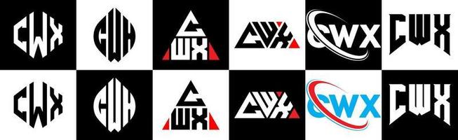 création de logo de lettre cwx en six styles. cwx polygone, cercle, triangle, hexagone, style plat et simple avec logo de lettre de variation de couleur noir et blanc dans un plan de travail. cwx logo minimaliste et classique vecteur