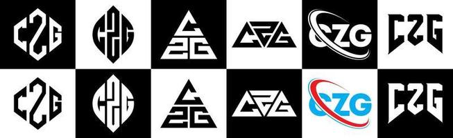 création de logo de lettre czg en six styles. czg polygone, cercle, triangle, hexagone, style plat et simple avec logo de lettre de variation de couleur noir et blanc dans un plan de travail. logo minimaliste et classique czg vecteur