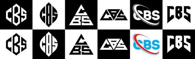 création de logo de lettre cbs en six styles. cbs polygone, cercle, triangle, hexagone, style plat et simple avec logo de lettre de variation de couleur noir et blanc dans un plan de travail. cbs logo minimaliste et classique vecteur