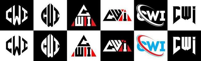 création de logo de lettre cwi en six styles. cwi polygone, cercle, triangle, hexagone, style plat et simple avec logo de lettre de variation de couleur noir et blanc dans un plan de travail. cwi logo minimaliste et classique vecteur