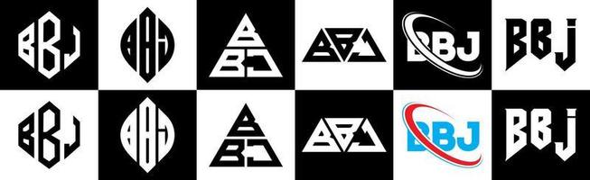 création de logo de lettre bbj en six styles. polygone bbj, cercle, triangle, hexagone, style plat et simple avec logo de lettre de variation de couleur noir et blanc dans un plan de travail. logo bbj minimaliste et classique vecteur