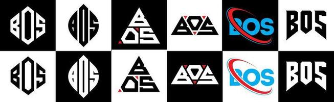 création de logo de lettre bos en six styles. bos polygone, cercle, triangle, hexagone, style plat et simple avec logo de lettre de variation de couleur noir et blanc dans un plan de travail. bos logo minimaliste et classique vecteur