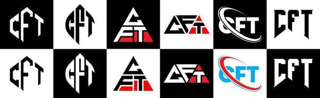 création de logo de lettre cft en six styles. cft polygone, cercle, triangle, hexagone, style plat et simple avec logo de lettre de variation de couleur noir et blanc dans un plan de travail. cft logo minimaliste et classique vecteur