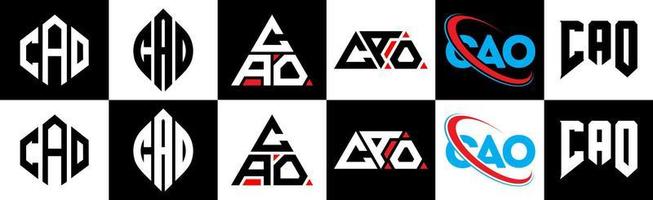 création de logo cao letter en six styles. cao polygone, cercle, triangle, hexagone, style plat et simple avec logo de lettre de variation de couleur noir et blanc dans un plan de travail. cao logo minimaliste et classique vecteur