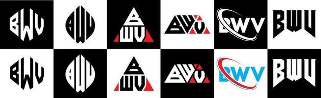 création de logo de lettre bwv en six styles. polygone bwv, cercle, triangle, hexagone, style plat et simple avec logo de lettre de variation de couleur noir et blanc dans un plan de travail. logo minimaliste et classique bwv vecteur