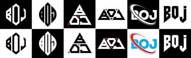 création de logo de lettre boj en six styles. boj polygone, cercle, triangle, hexagone, style plat et simple avec logo de lettre de variation de couleur noir et blanc dans un plan de travail. boj logo minimaliste et classique vecteur