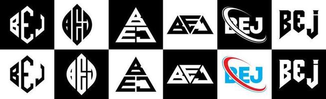 création de logo de lettre bej en six styles. bej polygone, cercle, triangle, hexagone, style plat et simple avec logo de lettre de variation de couleur noir et blanc dans un plan de travail. bej logo minimaliste et classique vecteur