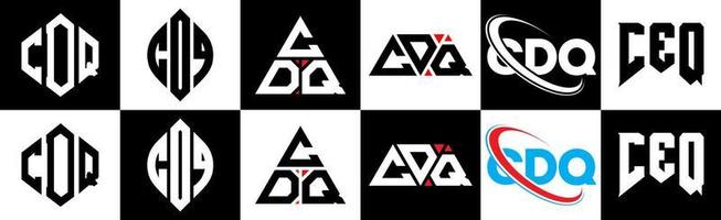 création de logo de lettre cdq en six styles. cdq polygone, cercle, triangle, hexagone, style plat et simple avec logo de lettre de variation de couleur noir et blanc dans un plan de travail. cdq logo minimaliste et classique vecteur