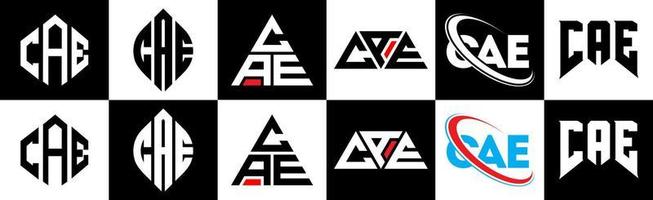 création de logo de lettre cae en six styles. cae polygone, cercle, triangle, hexagone, style plat et simple avec logo de lettre de variation de couleur noir et blanc dans un plan de travail. cae logo minimaliste et classique vecteur