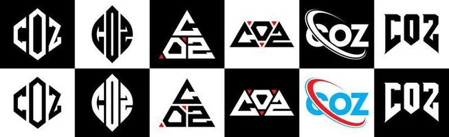 création de logo de lettre coz en six styles. coz polygone, cercle, triangle, hexagone, style plat et simple avec logo de lettre de variation de couleur noir et blanc dans un plan de travail. coz logo minimaliste et classique vecteur