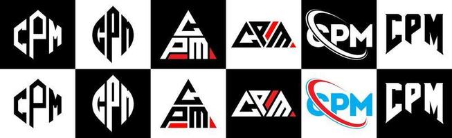 création de logo de lettre cpm en six styles. cpm polygone, cercle, triangle, hexagone, style plat et simple avec logo de lettre de variation de couleur noir et blanc dans un plan de travail. logo cpm minimaliste et classique vecteur