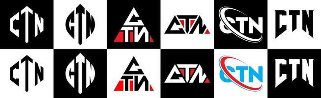 création de logo de lettre ctn en six styles. polygone ctn, cercle, triangle, hexagone, style plat et simple avec logo de lettre de variation de couleur noir et blanc dans un plan de travail. logo minimaliste et classique ctn vecteur