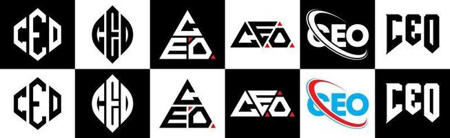 création de logo de lettre de chef de la direction dans six styles. PDG polygone, cercle, triangle, hexagone, style plat et simple avec logo de lettre de variation de couleur noir et blanc dans un plan de travail. PDG logo minimaliste et classique vecteur