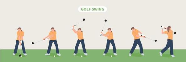 pas de pose de swing de golf. un joueur de golf montre son swing de golf. illustration vectorielle plane. vecteur