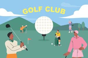 beaucoup de gens jouent au golf sur le terrain avec une grosse balle de golf. illustration vectorielle plane. vecteur