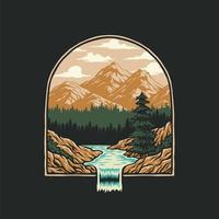 montagnes avec conception graphique de t-shirt de rivière, ligne dessinée à la main avec couleur numérique, illustration vectorielle vecteur