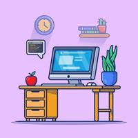 ordinateur de l'espace de travail avec illustration d'icône de vecteur de dessin animé pomme et plante. concept d'icône de technologie de travail isolé vecteur premium. style de dessin animé plat