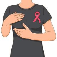 Mois de la sensibilisation au cancer du sein. femme portant un ruban rose et couvrant sa poitrine. concept de soutien ou de fier survivant vecteur