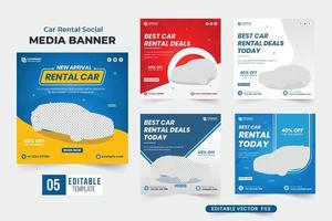 ensemble de modèles de contrat de location de voiture pour la publicité commerciale. automobile et louer une bannière web d'entreprise de voiture scénographie avec des couleurs bleues et jaunes. collection de vecteurs de poste de médias sociaux de location de voiture. vecteur