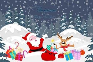 dessin vectoriel pour carte postale joyeux noël, le père noël et le cerf célèbrent le nouvel an sur une montagne recouverte de neige blanche et de flocon de neige, forêt et pin bleu sur fond
