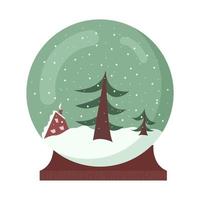 boule à neige de noël. jolie boule de neige d'hiver avec arbre et maison à l'intérieur sur un support en bois. illustration de vecteur plat isolé sur fond blanc