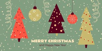 bannière de voeux joyeux noël avec de jolis arbres de noël et des boules suspendues. carte de Noël et du nouvel an. illustration de dessin animé de vecteur