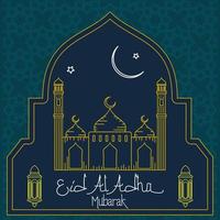 mosquée modifiable avec illustration vectorielle de scène de ciel nocturne et lanternes arabes dans le style de contour sur fond à motifs pour les éléments d'illustration de l'aïd al-adha ou du concept de conception du festival sacré islamique vecteur