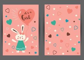 c'est un ensemble de modèles de cartes roses pour les invitations. lapin bébé fille avec ballon coeur. joli fond rose étoilé. inviter une bannière pour l'anniversaire des enfants de fête de naissance. illustration vectorielle. vecteur