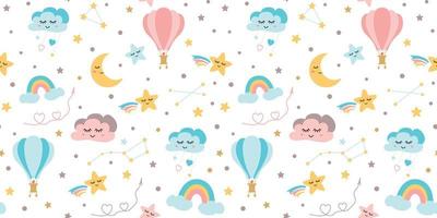 Éléments de ciel de modèle de bébé sans couture - étoiles de lune arc-en-ciel nuages souriants ballon à air chaud ours mignon texture enfantine créative de style enfantin pour le tissu enveloppant les vêtements de papier peint textile. illustration vectorielle vecteur