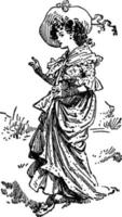 jeune femme portant un chapeau et marchant, illustration vintage vecteur