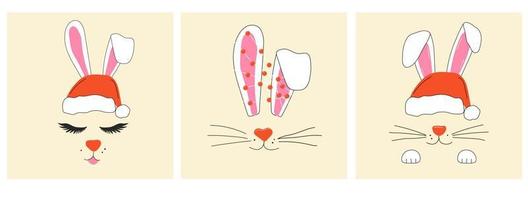 ensemble de trois visages d'un joli lapin de noël avec une guirlande.vecteur en style cartoon. tous les éléments sont isolés vecteur
