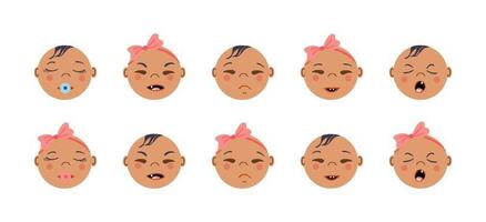 portraits frontaux de nouveau-nés avec différentes émotions. ensemble de visages de bébé asiatiques ou américains. petits garçons et petites filles. illustrations vectorielles dessinées à la main de style plat. vecteur