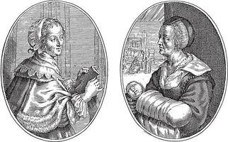 demoiselle d'honneur et boulanger, cris pain van de passe ii, 1641, illustration vintage. vecteur