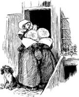 deux filles entourant, une fille tenant le bébé, illustration vintage. vecteur