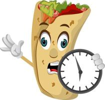 burrito avec horloge, illustration, vecteur sur fond blanc.