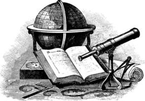 nature morte avec globe, télescope, illustration vintage vecteur