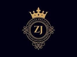 lettre zj logo victorien de luxe royal antique avec cadre ornemental. vecteur