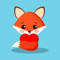 renard doux et mignon avec isolatrd coeur rouge sur fond bleu. vecteur