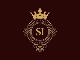 lettre si logo victorien de luxe royal antique avec cadre ornemental. vecteur
