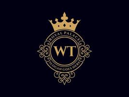 lettre wt logo victorien de luxe royal antique avec cadre ornemental. vecteur