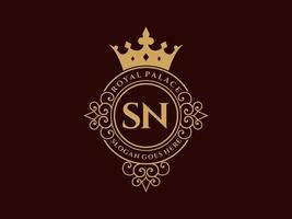 lettre sn logo victorien de luxe royal antique avec cadre ornemental. vecteur