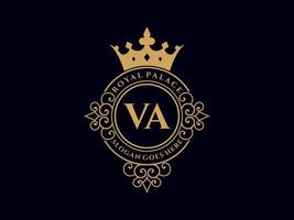 lettre va logo victorien de luxe royal antique avec cadre ornemental. vecteur