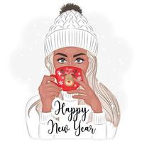 fille à la mode le soir de noël ou du nouvel an dans un chapeau et une tasse, illustration vectorielle à la mode vecteur