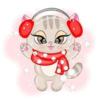 chaton mignon avec casque de fourrure et écharpe illustration vectorielle de noël vecteur