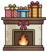 cheminée pixel art avec des cadeaux de noël, icône de vecteur de décoration de noël pour le jeu 8bit sur fond blanc